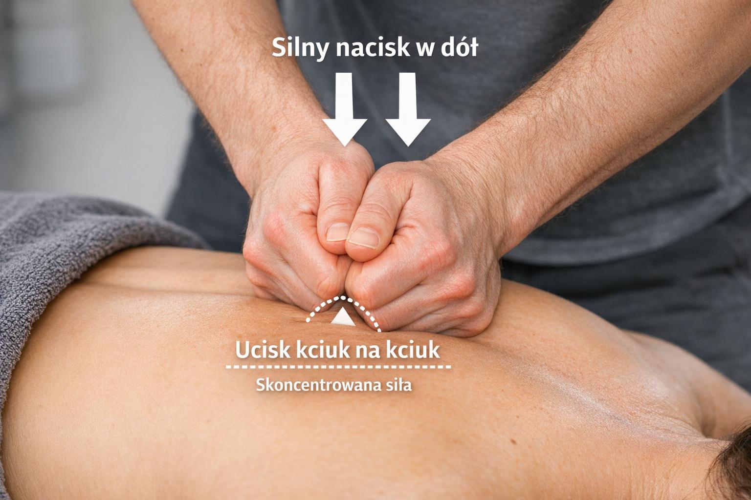 Zdjęcie instruktażowe przedstawiające technikę ucisku w masażu tkanek głębokich