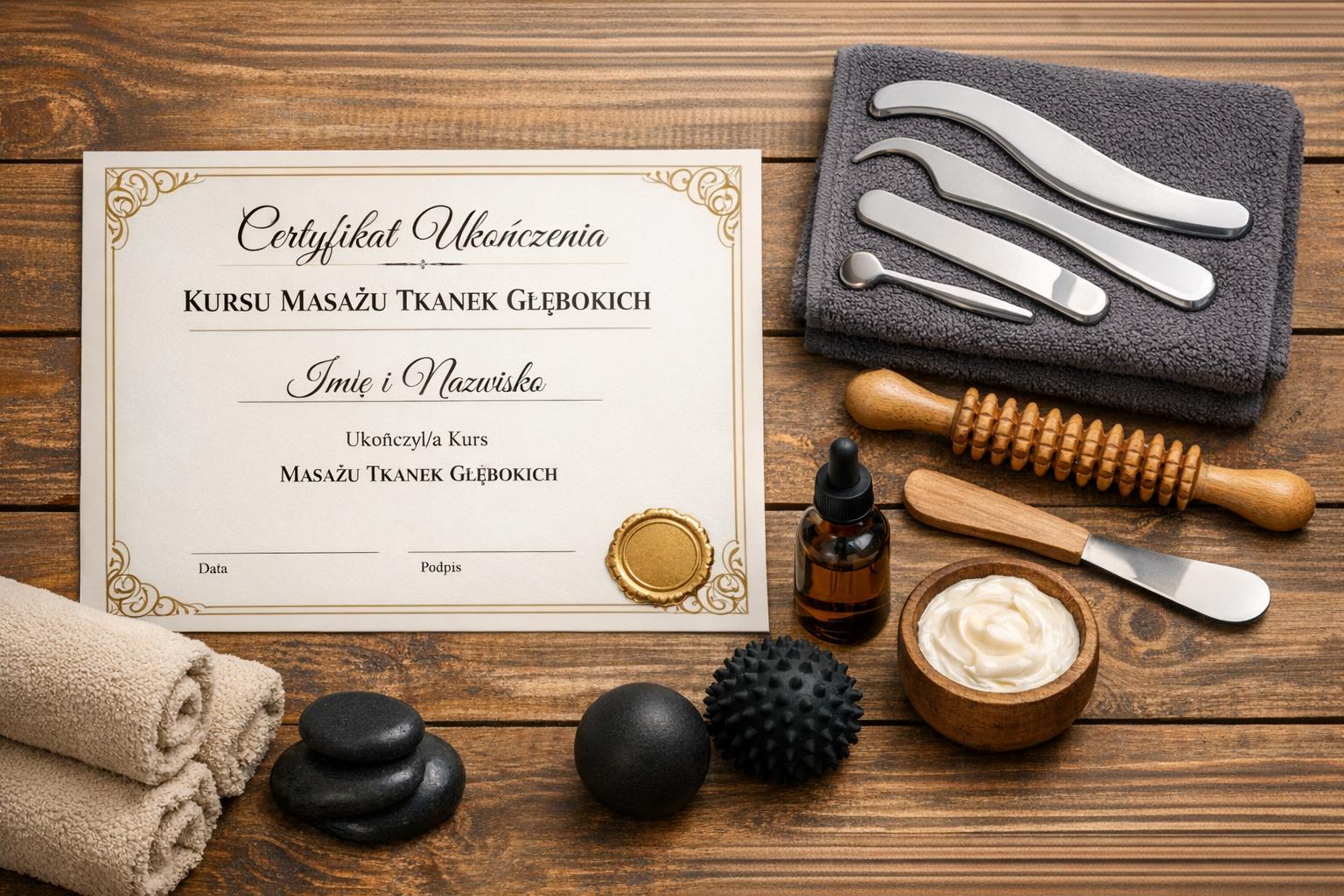 Certyfikat ukończenia kursu masażu tkanek głębokich - dyplom i narzędzia pracy